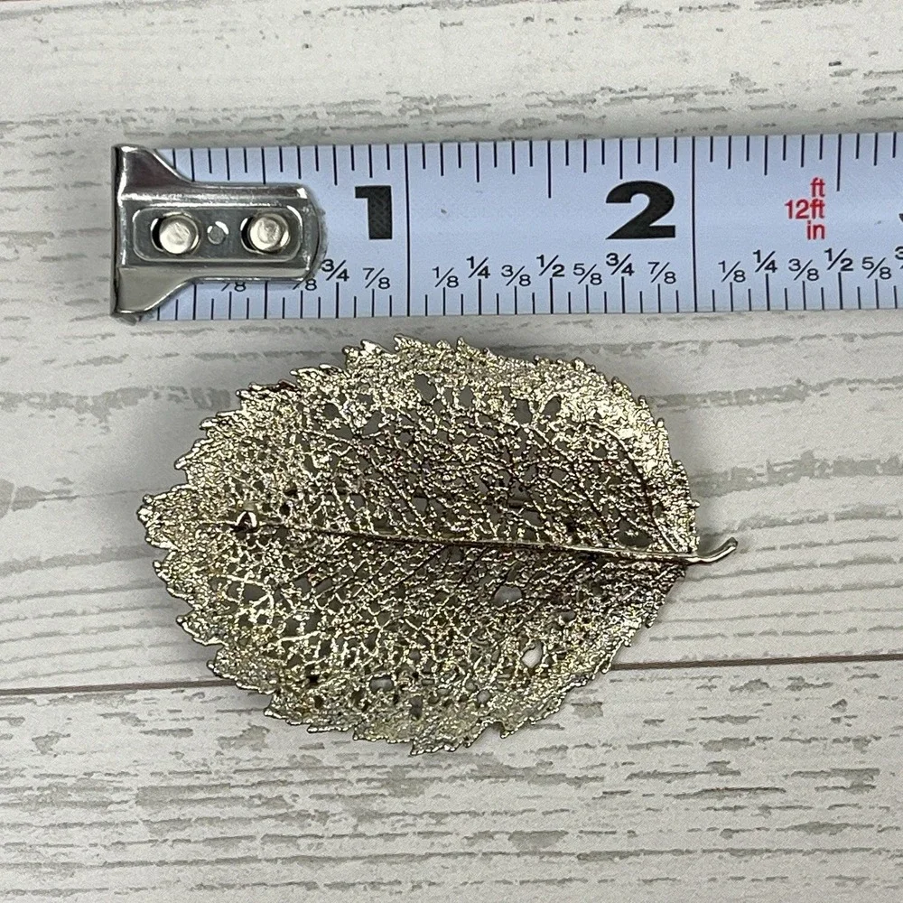 Real Skeleton Leaf Brooch Pin Silver Tone Metalized 2